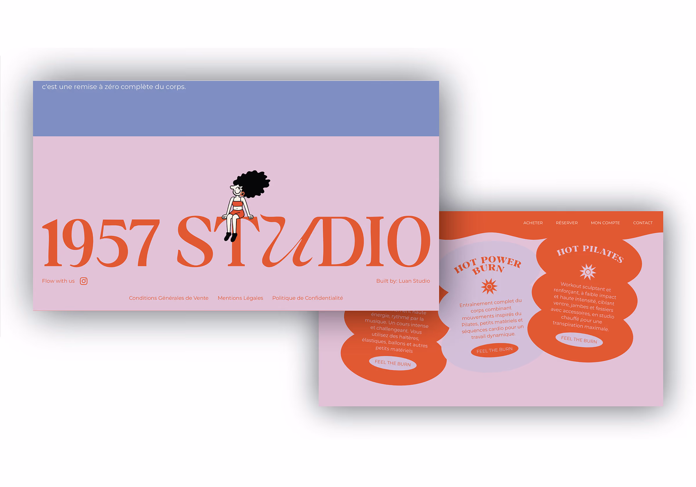 1957 Studio website preview with pink and blue Pilates sections.